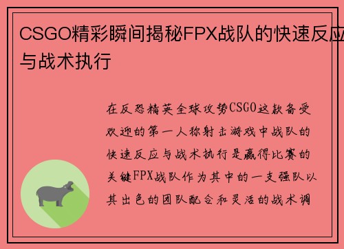 CSGO精彩瞬间揭秘FPX战队的快速反应与战术执行